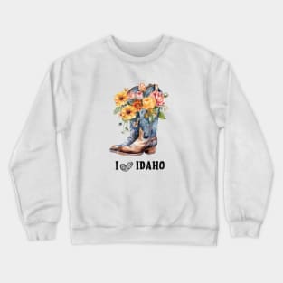 I Love Idaho Boho Cowboy Boots with Flowers Watercolor art Crewneck Sweatshirt